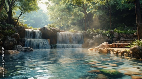 Serene waterfall in lush forest with stone pathway and sunlit trees