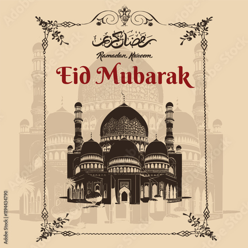 Eid Mubarak greeting Card Illustration, ramadan  vector Wishing for Islamic festival for banner, poster, background, flyer, illustration, brochure and sale background.