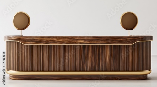 A sophisticated reception desk made of high-quality wood with clean lines and luxurious details, set against a crisp white background photo