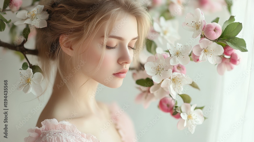 Serene young female in pink dress with blossoming flowers in soft natural light Serene young female in pink dress with blossoming flowers in soft natural light