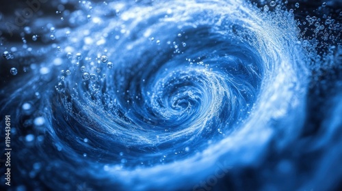 A striking blue water swirl with intricate bubble details, creating a sense of energy and motion in a fluid abstract art piece