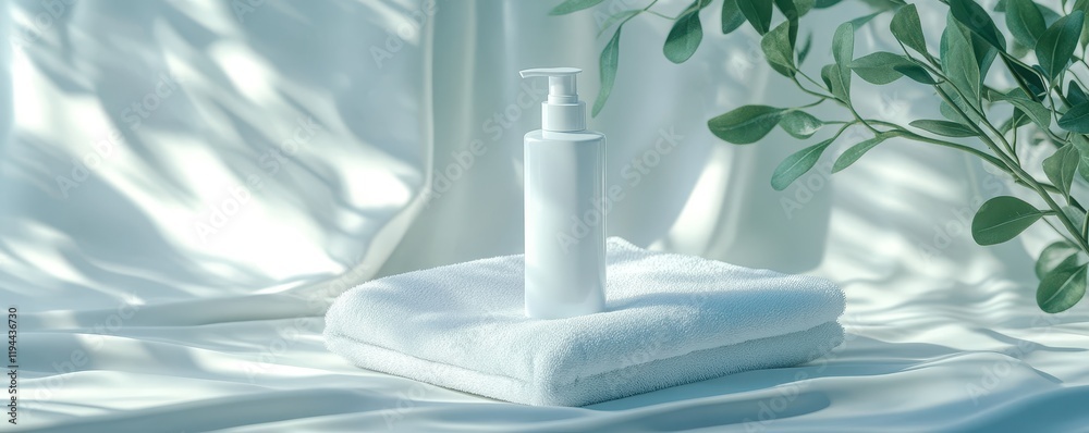 Minimalist lotion bottle on towel with greenery shadow in sunlit setting Minimalist lotion bottle on towel with greenery shadow in sunlit setting