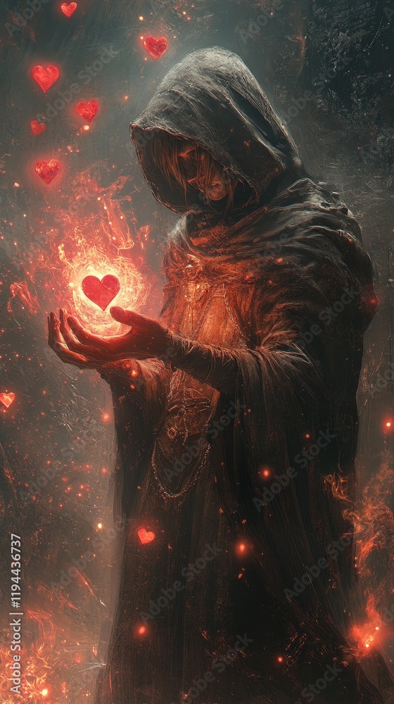 Obraz premium A mystical figure holding a glowing heart.