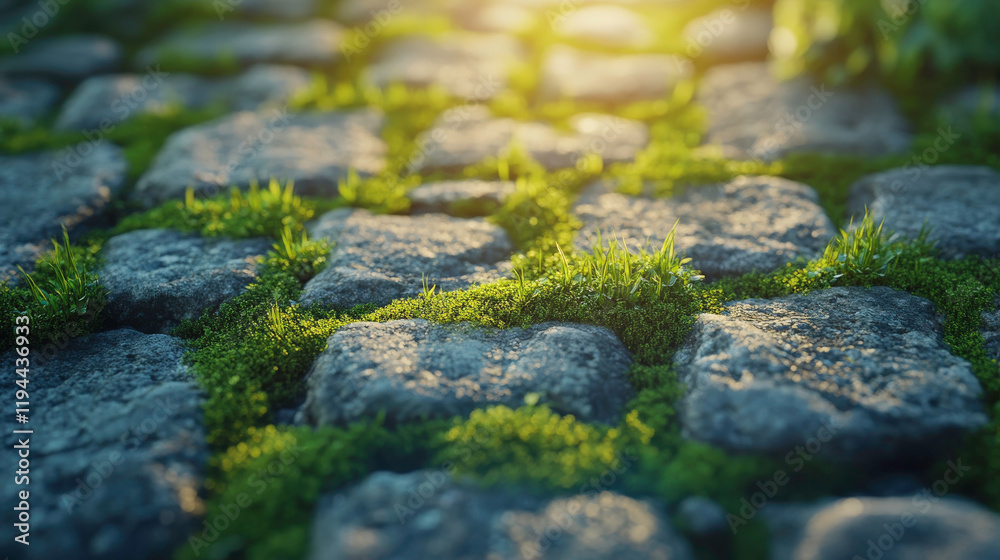 Sunlight Shining on Cobblestone Pathway with Lush Green Grass and Moss in Soft Focus Creating a Serene and Tranquil Atmosphere in Nature Sunlight Shining on Cobblestone Pathway with Lush Green Grass and Moss in Soft Focus Creating a Serene and Tranquil Atmosphere in Nature