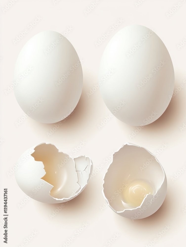 Realistic vector white eggs with whole and broken shell isolated Realistic vector white eggs with whole and broken shell isolated