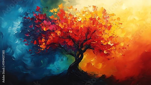 Vibrant autumn tree painting, colorful background, art print