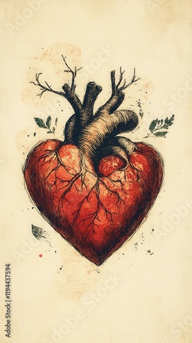 Artistic representation of a heart with roots. photo