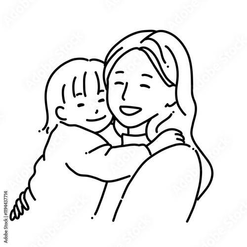 にっこり笑う母娘＿線画