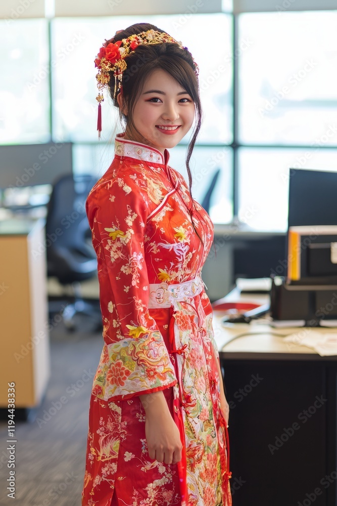 On Traditional Chinese Dress Day, employees wear beautiful, intricately designed Chinese, Generative AI