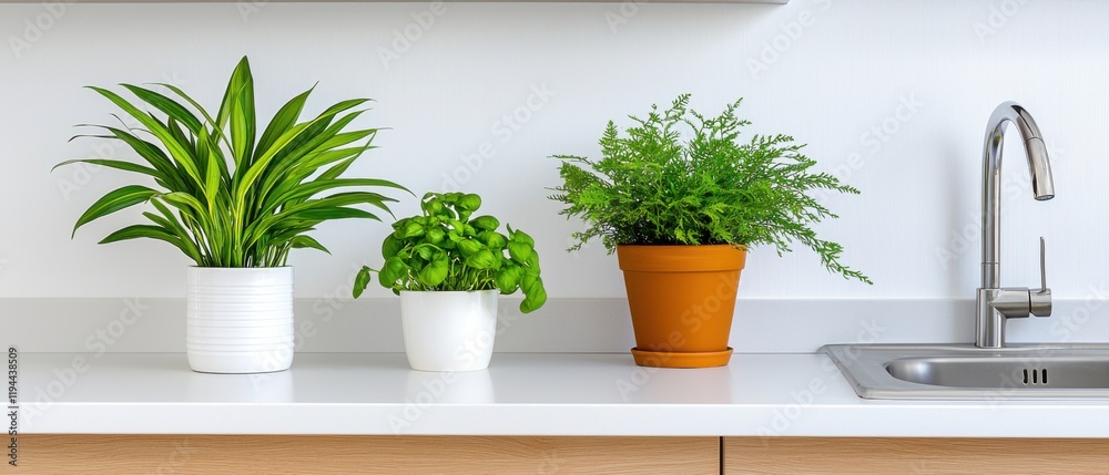 Fototapeta premium A bright kitchen scene featuring three potted plants on a countertop, adding a touch of greenery to the modern space.