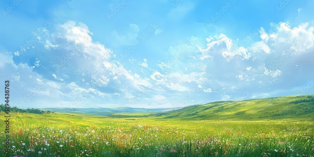 Fototapeta premium Under a light layer of clouds in the blue sky, a meadow extends over an endless landscape of gentle hills. This lush meadow features vibrantly colored grass in various striking shades of green.