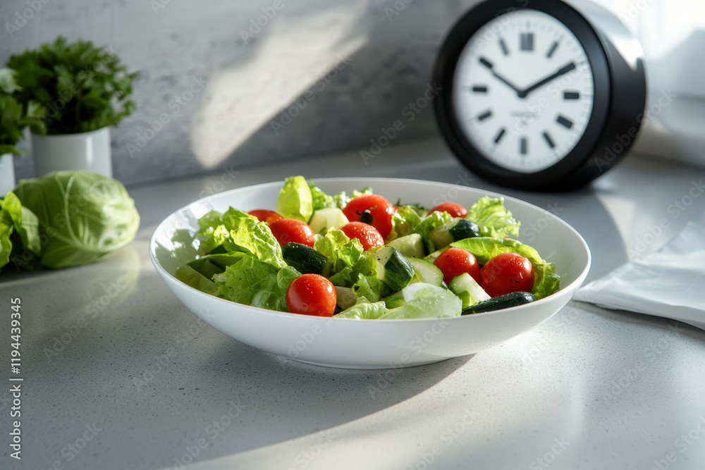 alarm clock and salad on table . intermittent fasting, healthy eating. healthy brunch setting concept. generative ai alarm clock and salad on table . intermittent fasting, healthy eating. healthy brunch setting concept. generative ai