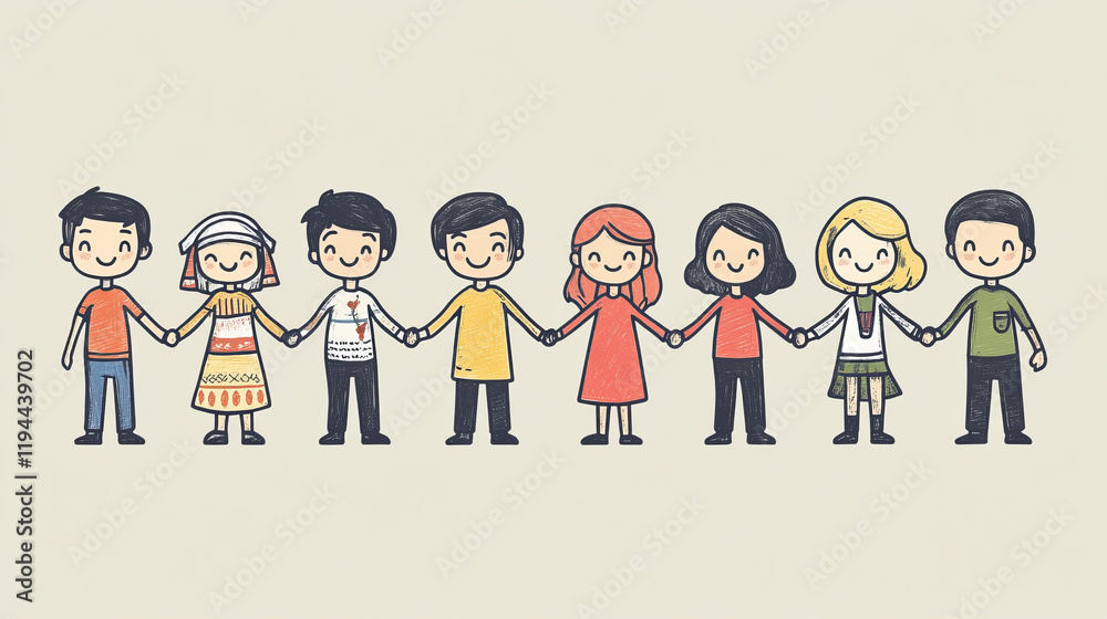 People hold hands, smiling happy men and women stand in row together. Modern multicultural society happiness or friendship. Male and female characters community Cartoon linear flat vector illustration People hold hands, smiling happy men and women stand in row together. Modern multicultural society happiness or friendship. Male and female characters community Cartoon linear flat vector illustration