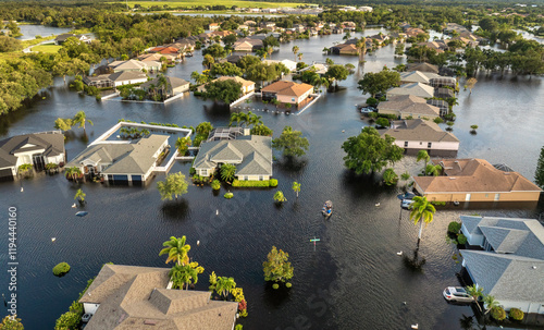 Hurricane Debby tropical rainstorm flooded residential homes in suburban community in Sarasota, Florida. Aftermath of natural disaster