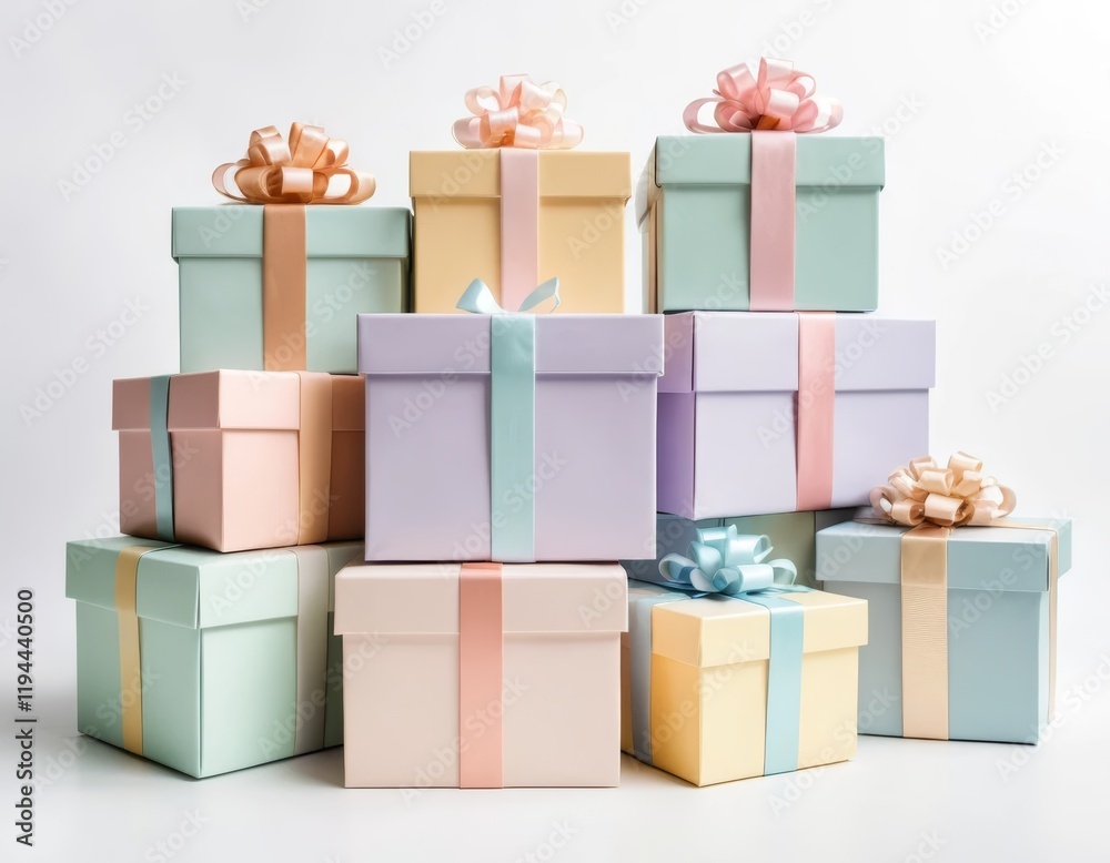 Obraz premium Pastel Gift Boxes Stacked High: A Delightful Collection of Presents with Ribbons