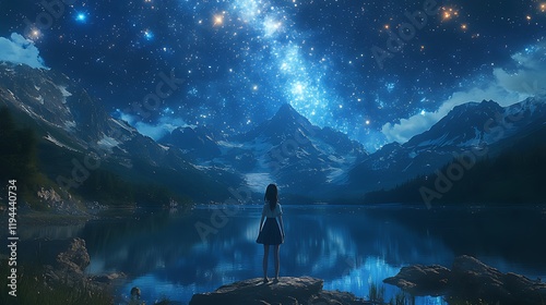 Girl gazing at starry night sky over mountain lake