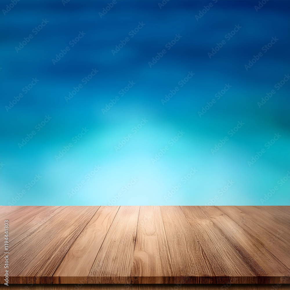 Empty wooden table with a gradient background of light sky blue and navy for a luxurious Empty wooden table with a gradient background of light sky blue and navy for a luxurious