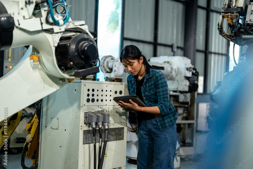 Professional female engineer using a tablet to monitor and inspect the control panel of an industrial robotic system in a factory environment, showcasing automation, advanced technology. Professional female engineer using a tablet to monitor and inspect the control panel of an industrial robotic system in a factory environment, showcasing automation, advanced technology.
