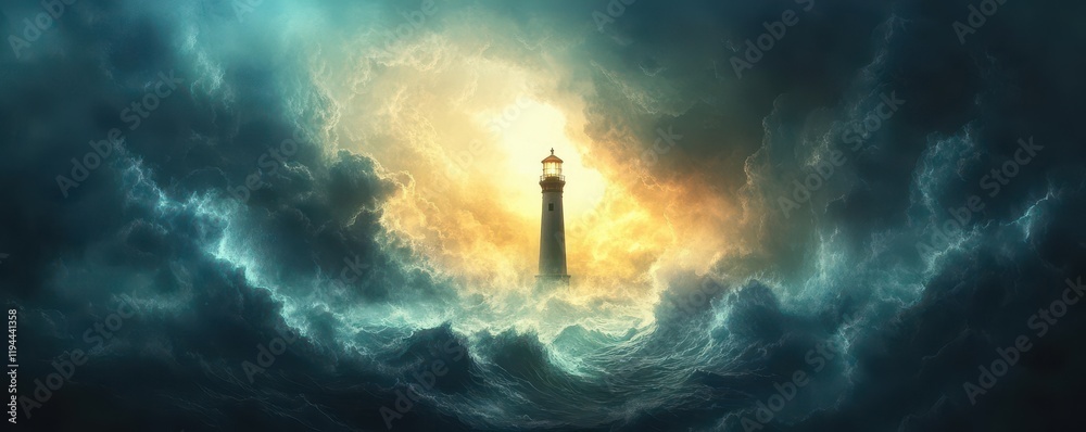 Obraz premium Majestic lighthouse illuminated amidst dark stormy ocean waves