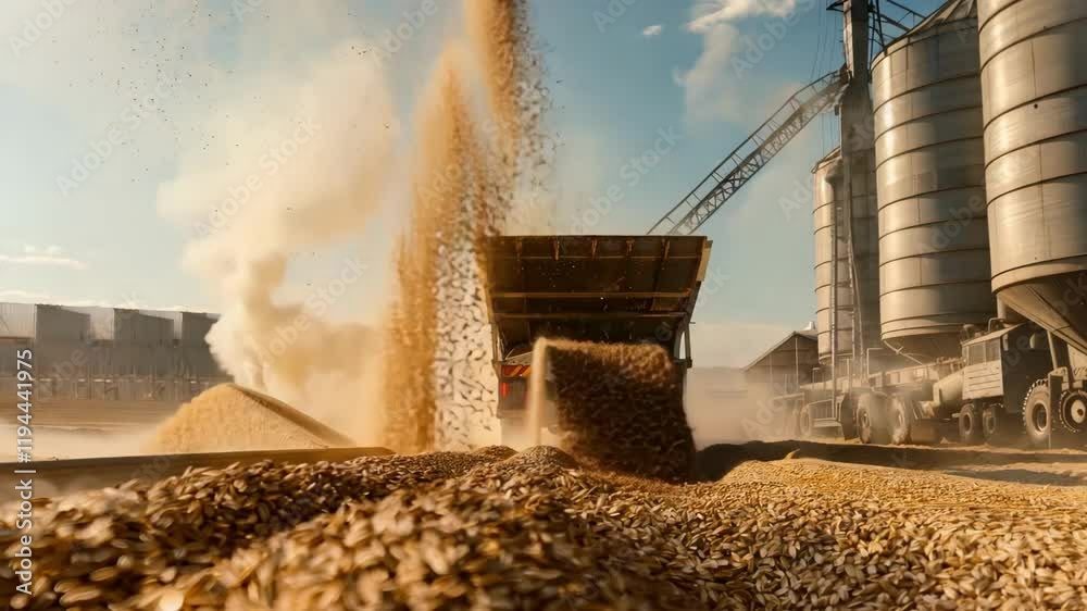 Harvesting grain: truck unloading at industrial silos under blue sky with dust clouds AI