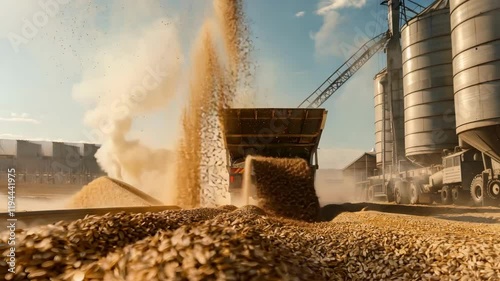 Harvesting grain: truck unloading at industrial silos under blue sky with dust clouds AI