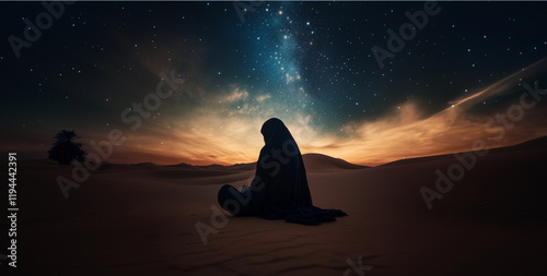 Landscape of Arab woman sitting in the desert at night during Ramadan, praying in the sky full of stars, Ramadan night atmosphere