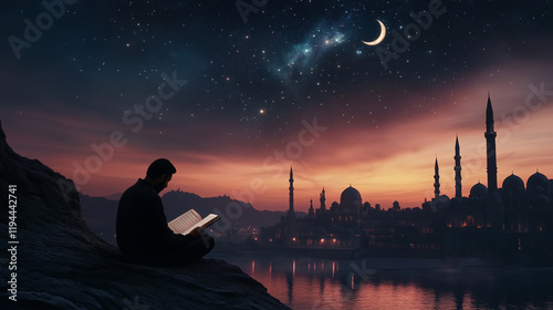 Silhouette of a man reading the Qur'an against a beautiful sky view, facing the mosque, Ramadan night atmosphere,