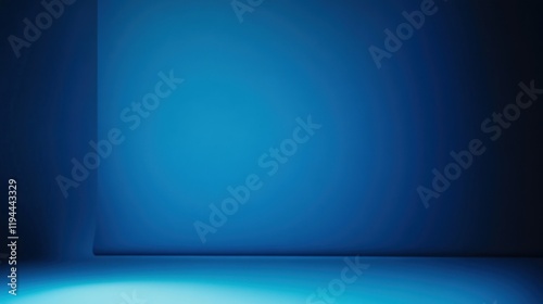 Panoramic abstract blue wall background for product presentation with sunlight and blurred shadows wall. Podium studio background