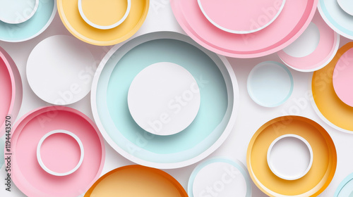 Fototapeta Naklejka Na Ścianę i Meble -  White abstract background decorated with circular layers. Vector realistic illustration of pastel business presentation backdrop with round papercut design elements, modern minimalist wallpaper