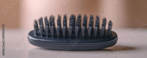 Black oval hairbrush on marble surface with natural bristles