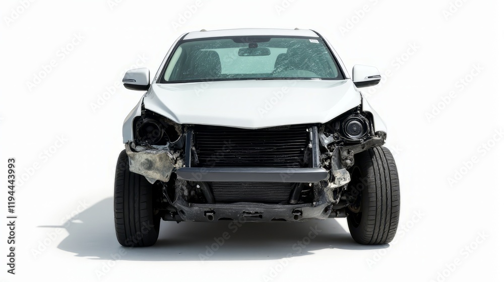 Front View of a Heavily Damaged Car With Extensive Damage to the Front Bumper, Grille, and Headlights, Exposing Internal Mechanical Components. Front View of a Heavily Damaged Car With Extensive Damage to the Front Bumper, Grille, and Headlights, Exposing Internal Mechanical Components.