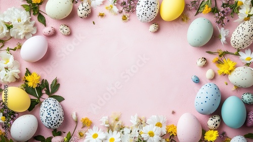 Wallpaper Mural Flat lay frame featuring colored Easter eggs on a pink background. Happy Easter concept banner with copy space. Top view design ideal for spring templates, cards, posters, and ads. Torontodigital.ca