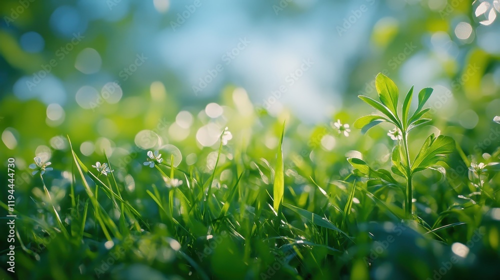 Serene green meadow with sunlit wildflowers and lush grass Serene green meadow with sunlit wildflowers and lush grass
