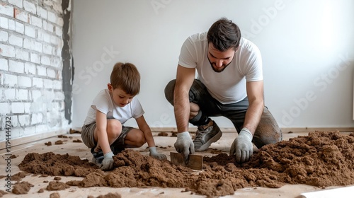 father and his young son work side by side on a home renovation project. They are using tools to spread material on the floor, creating a bonding experience while learning