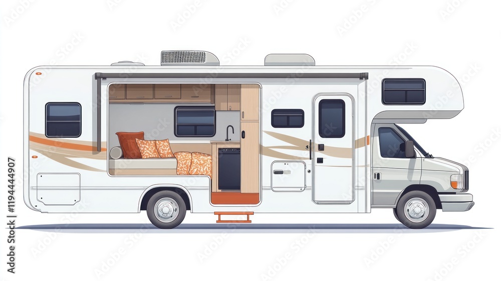 Modern motorhome graphic showcasing a detailed interior view, including a bedroom, kitchenette, and lounge area, highlighted on a clean white backdrop Modern motorhome graphic showcasing a detailed interior view, including a bedroom, kitchenette, and lounge area, highlighted on a clean white backdrop