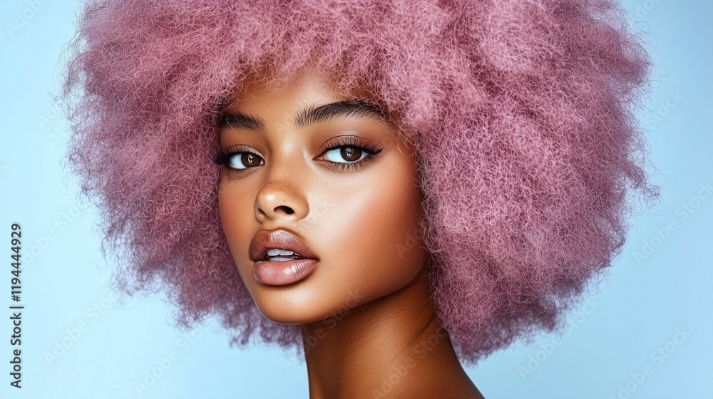 Fototapeta premium young model with a stunning pink curly hairstyle poses confidently. soft blue background enhances her radiant skin and striking facial features, creating an artistic and modern look