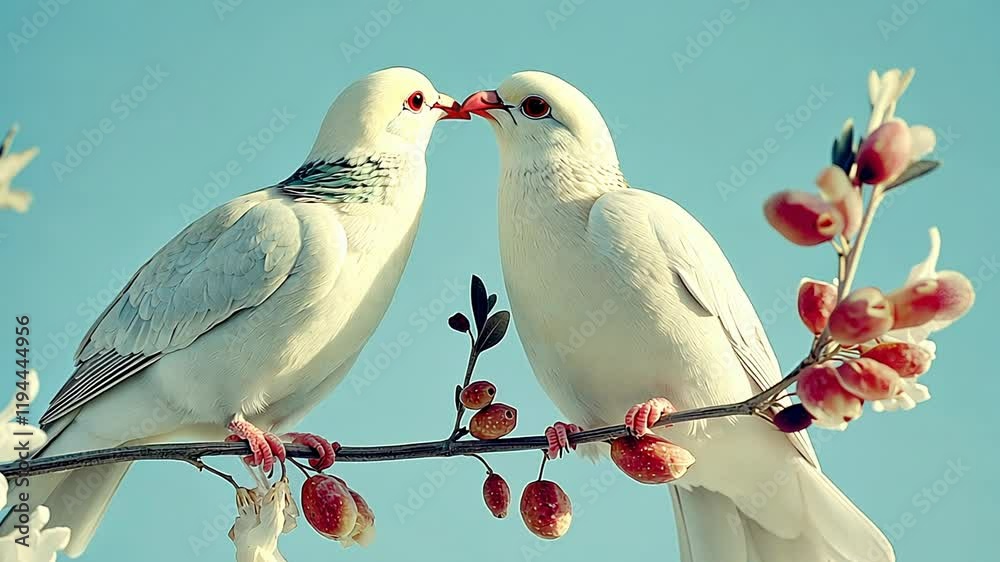Two white doves kiss on a branch with pink flowers and blue sky.