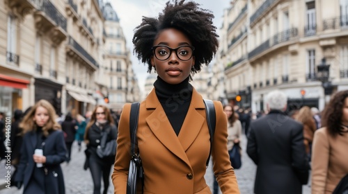 young woman wearing a brown coat and glasses strides purposefully along a bustling street in Paris. vibrant atmosphere is filled with a diverse crowd of pedestrians, showcasing city life photo