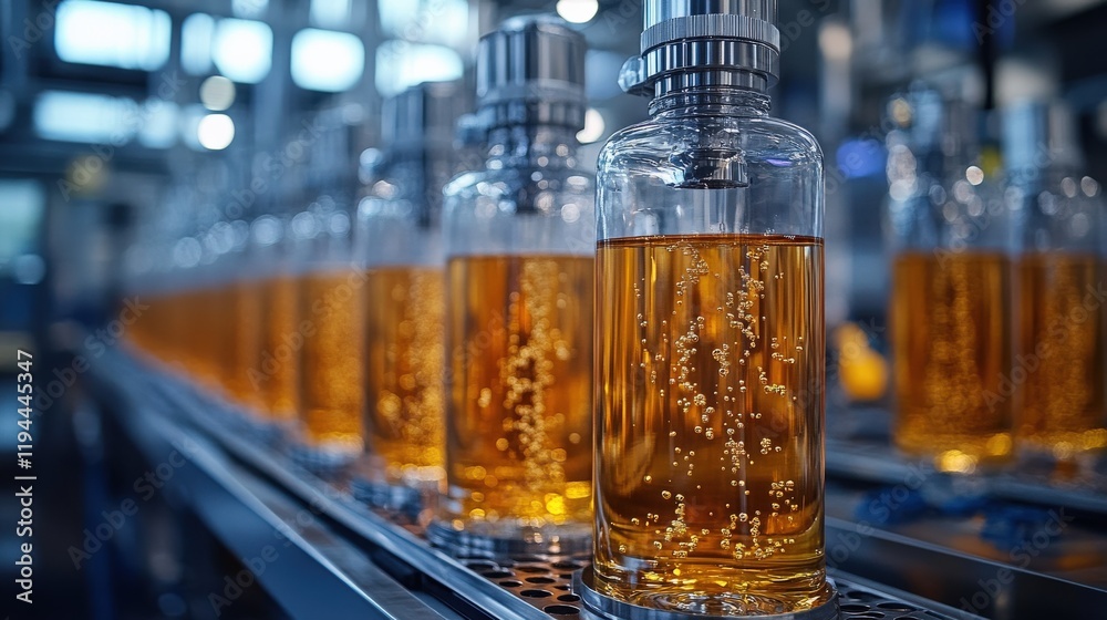 Bottles Filled with Amber Liquid on a Production Line in a Modern Factory Showcasing Beverage Manufacturing and Quality Control Processes Bottles Filled with Amber Liquid on a Production Line in a Modern Factory Showcasing Beverage Manufacturing and Quality Control Processes