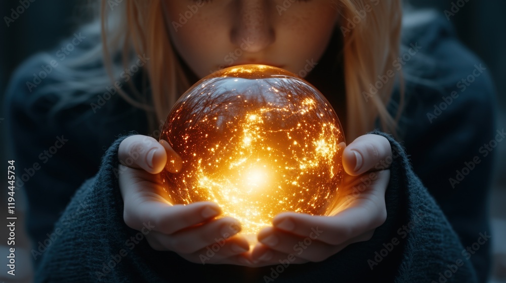 Naklejka premium woman with long blonde hair softly cradles a luminous crystal ball in her hands, surrounded by a shadowy forest filled with mystery and magic under the night sky
