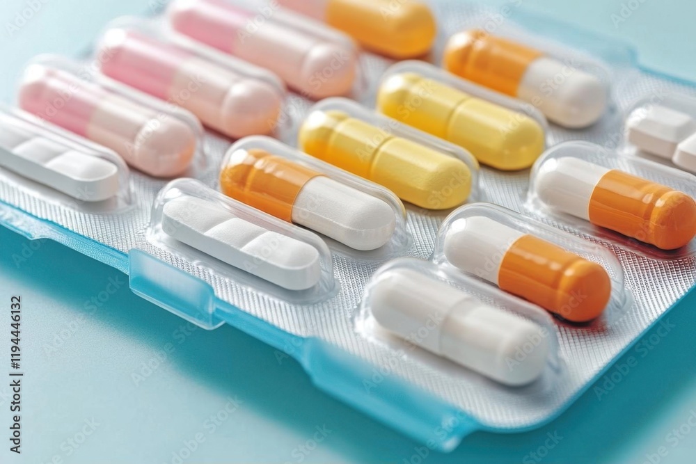 A variety of colorful capsules and tablets in a blister pack. A variety of colorful capsules and tablets in a blister pack.