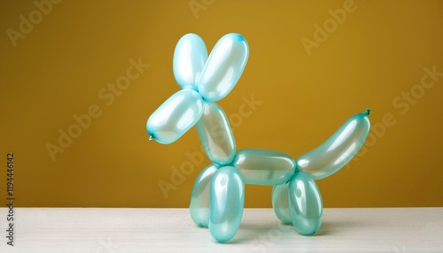 An animal figure made of modelling balloons on table against color background photo