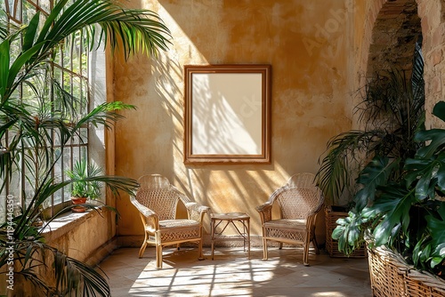 Sunlit Conservatory With Wicker Chairs And Plants