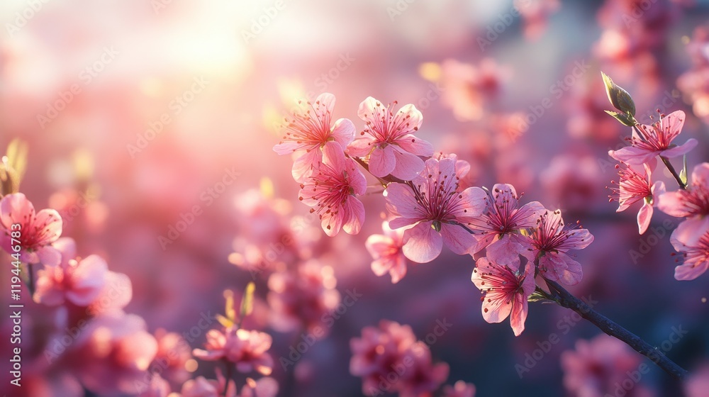 Blooming pink cherry blossoms in sunlight of a peaceful spring morning Blooming pink cherry blossoms in sunlight of a peaceful spring morning