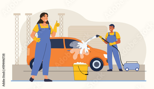 A vibrant scene of a car being cleaned with a yellow bucket and water spray, showcasing the importance of maintaining a vehicle’s cleanliness.