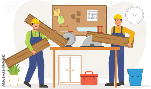 A detailed illustration of a carpenter using a saw on wood planks to create bespoke furniture, showcasing skilled workmanship.
