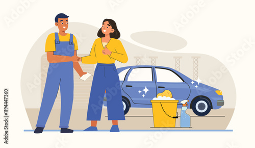 A thorough car wash service where the customer receives their sparkling clean car, emphasizing the satisfaction of professional vehicle care.