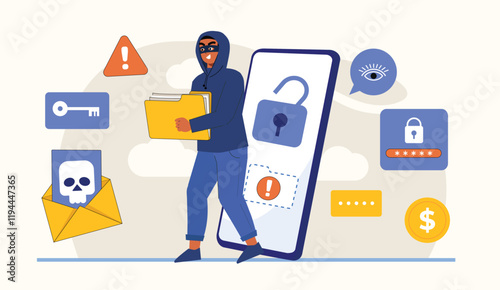 A dramatic representation of cybercrime, where a hacker gains access to a bank account and sensitive passwords, underlining the risks of online security.