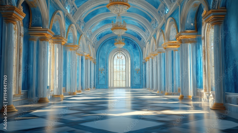 Obraz premium Elegant blue palace interior with grand chandelier and arched windows
