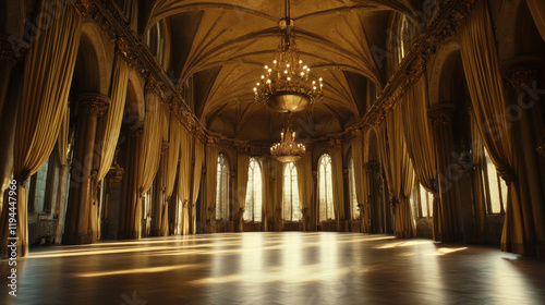 Medieval royal castle ballroom interior with columns and curtains on arch shape windows at night. Cartoon vector luxury king palace hall room for dance. Dark empty vintage inside architecture.